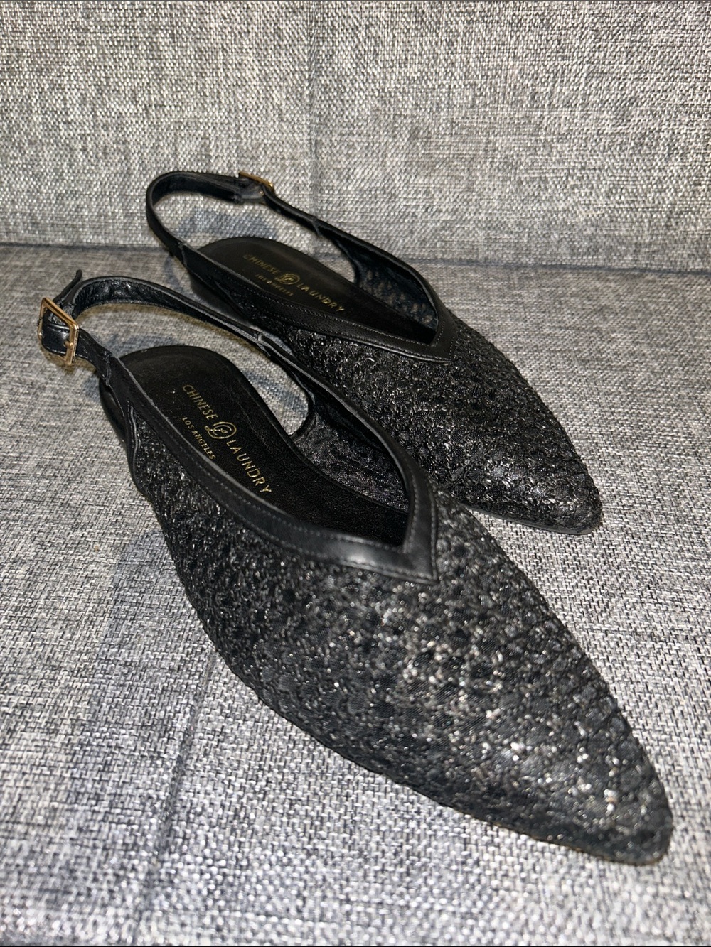 Chinese Laundry Black Glitter Pointed Slingback Flats